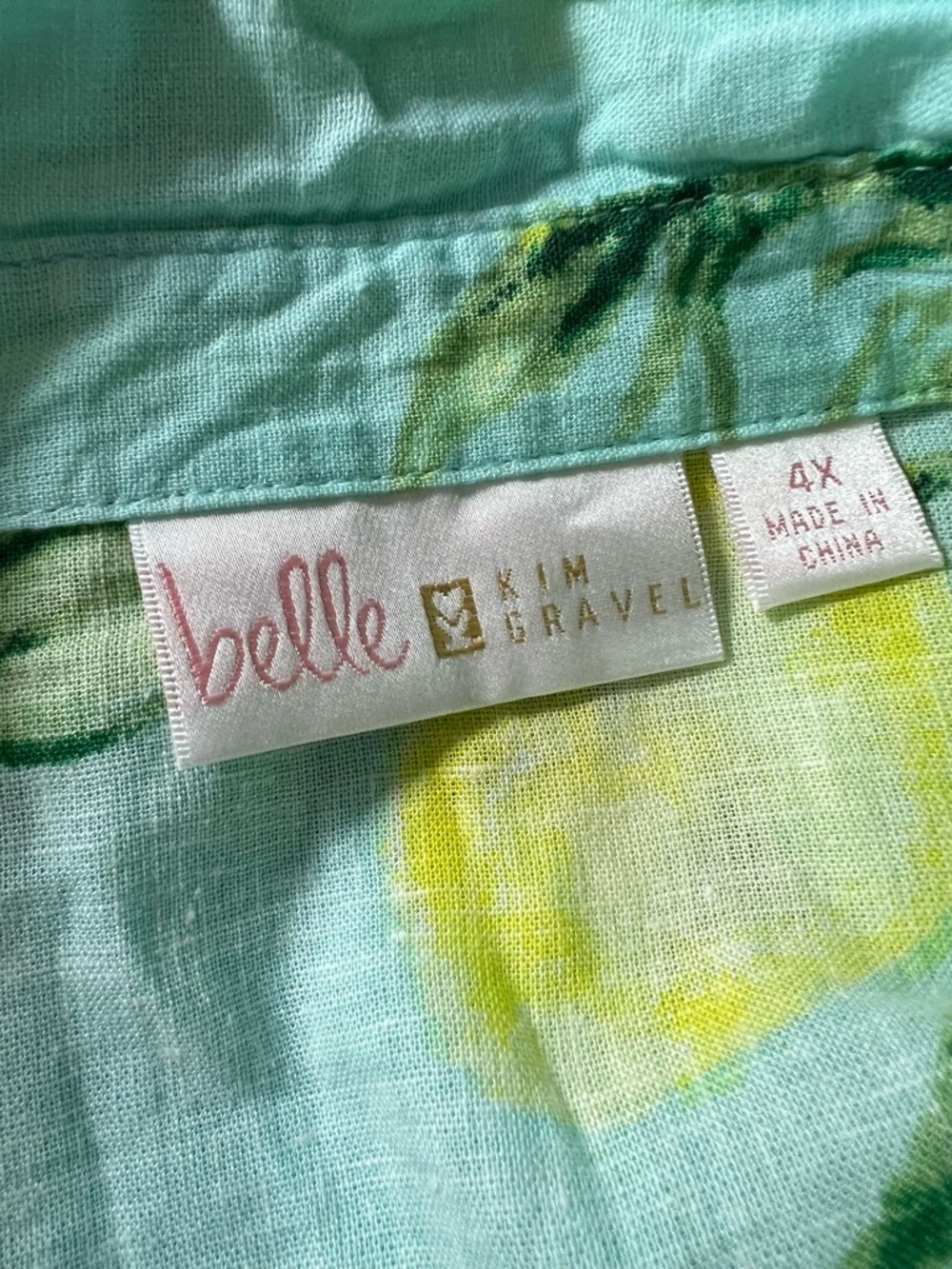 Belle Kim Gravel size 4X Aqua Yellow Lemon Linen Blend Long Sleeve Button Up Top - Picture 5 of 8
